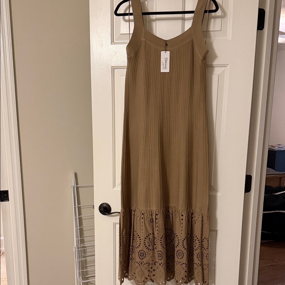 Current Air Tan Ribbed Sleeveless Midi Dress with Eyelet Hem